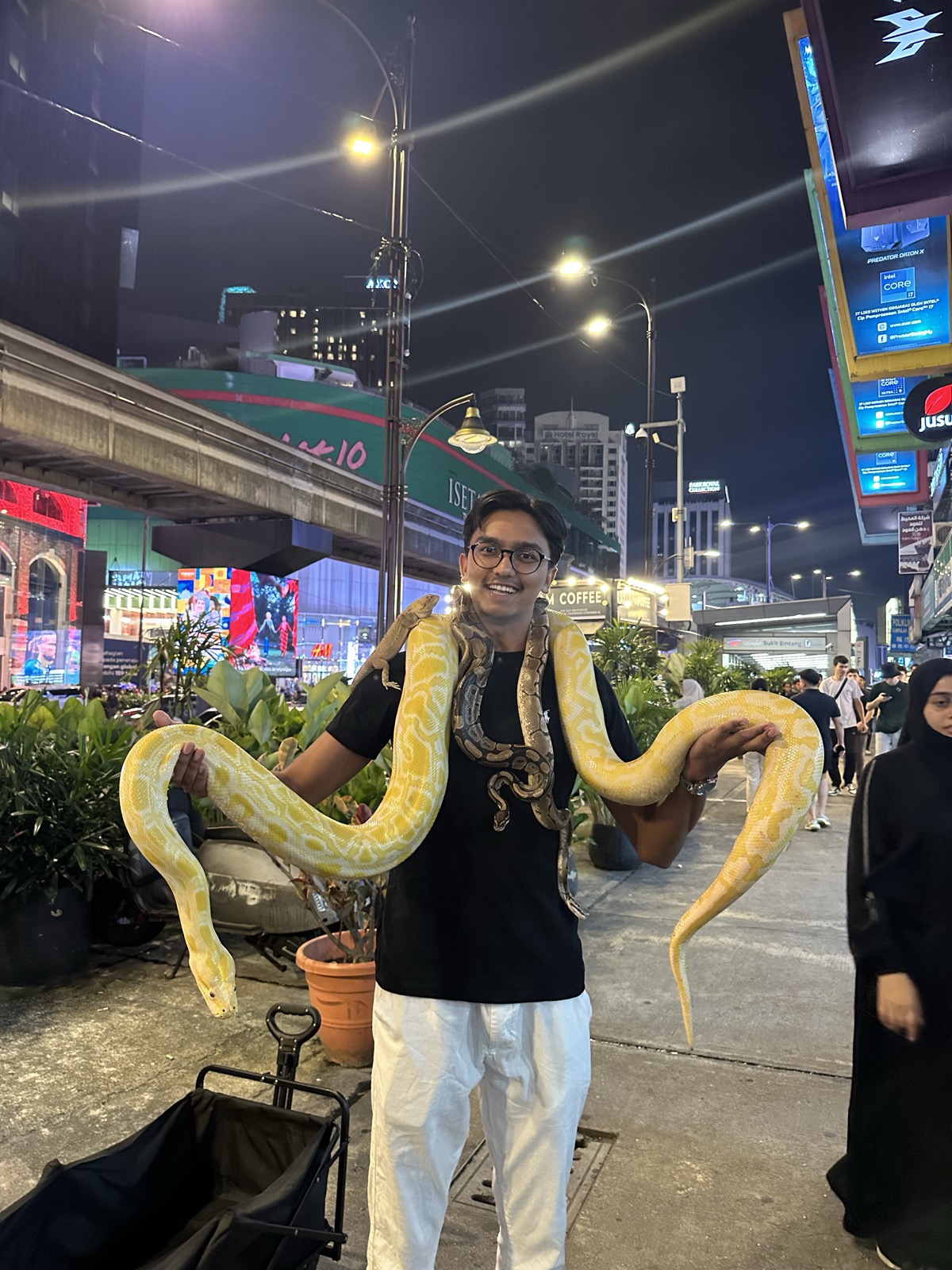 Devam holding two pythons on a KL street at night